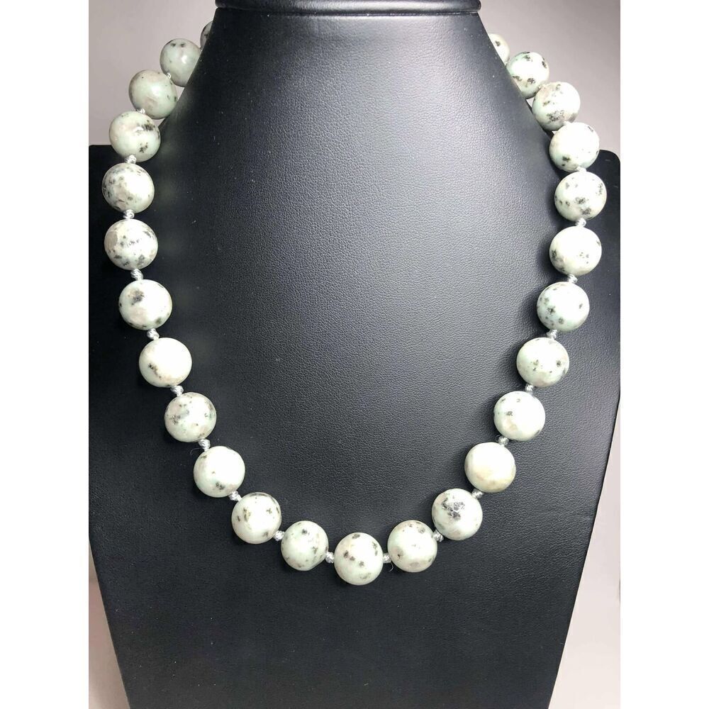 2091 Sterling Silver 925 Kiwi Jasper Stone Bead Necklace 19” 14mm